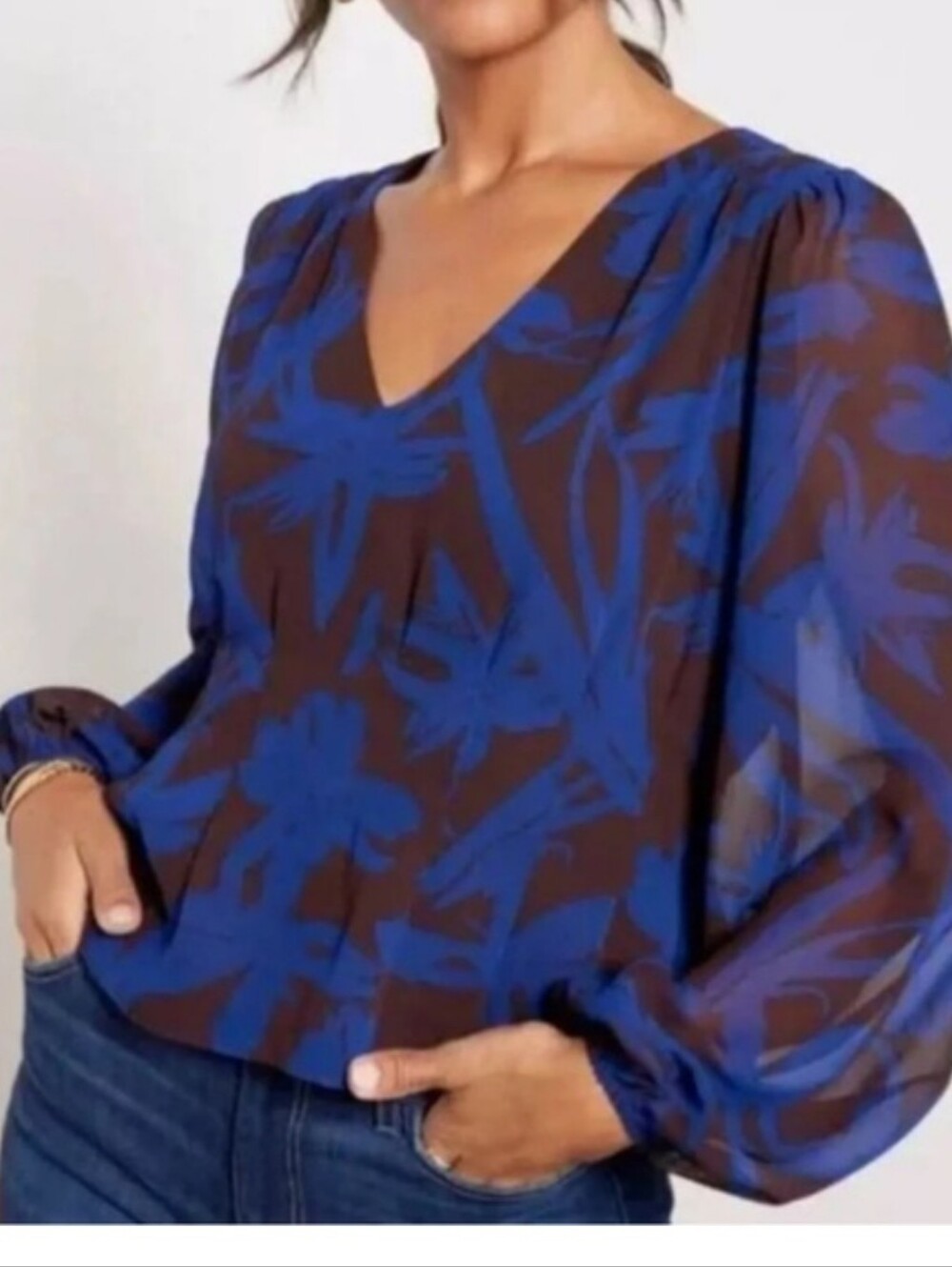 Evereve Harper Seamed Women's Blouse Floral Purple Maroon Medium Long S